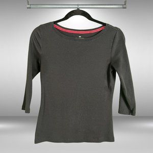 Talbots petite black boatneck 3/4 sleeve blouse fits like a small with a slit he